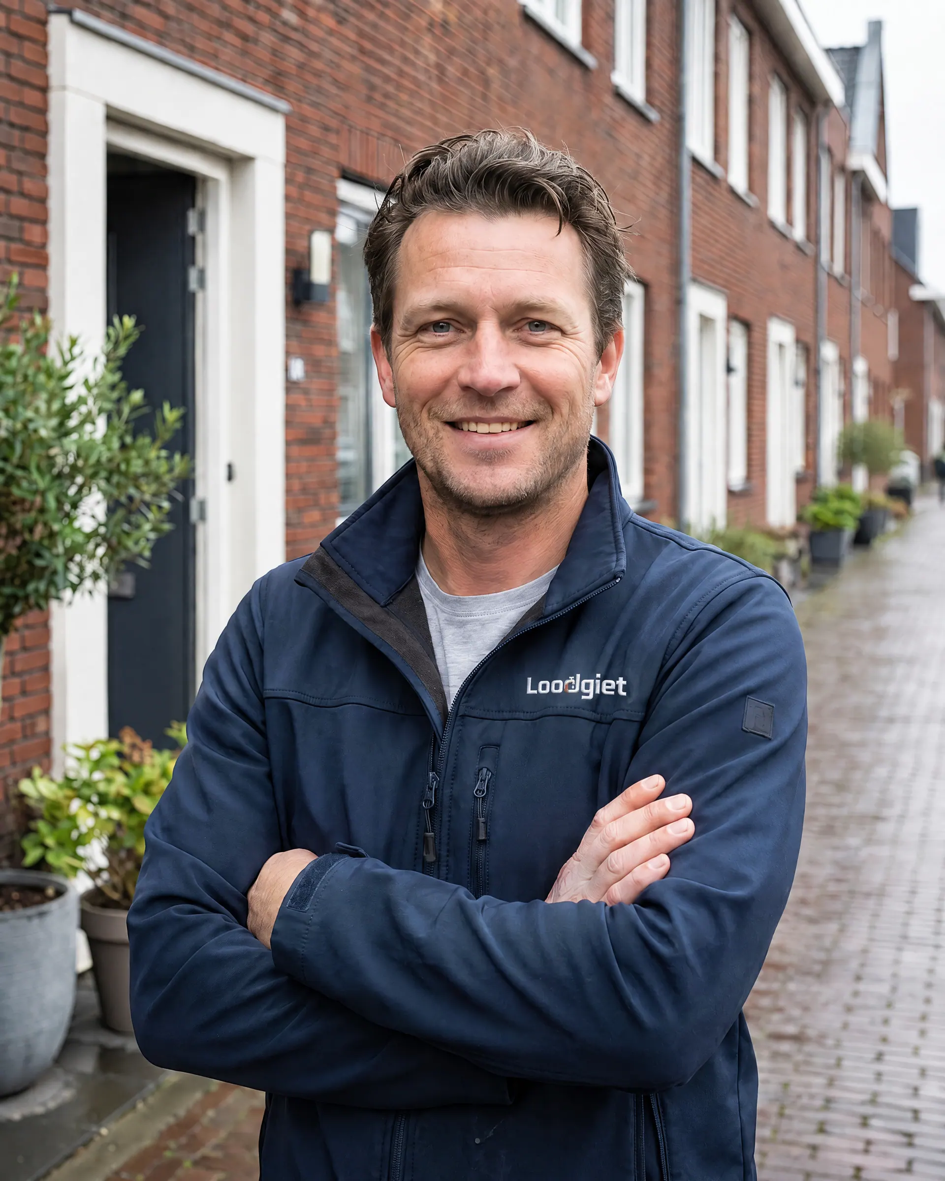 Monteur van Loodgiet met de armen over elkaar in een woonstraat