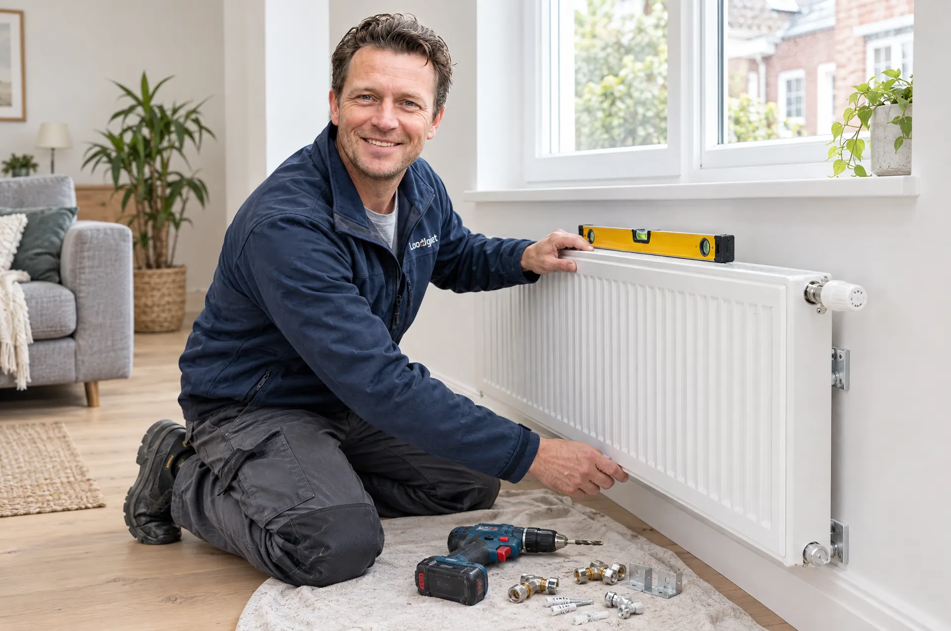 Monteur van Loodgiet hangt een nieuwe radiator waterpas onder het raam