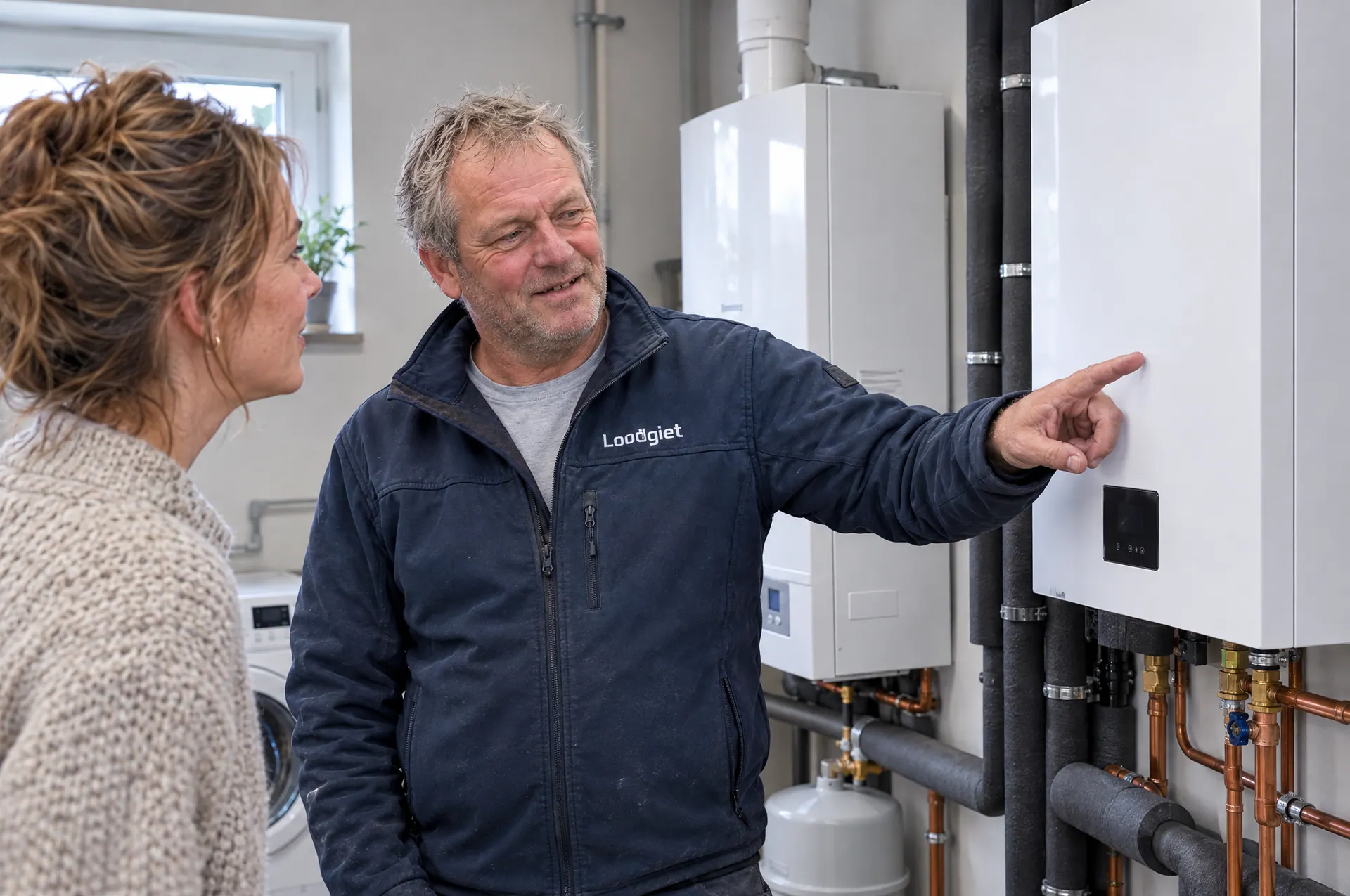 Monteur van Loodgiet legt een bewoner uit hoe de hybride warmtepomp naast de cv-ketel werkt