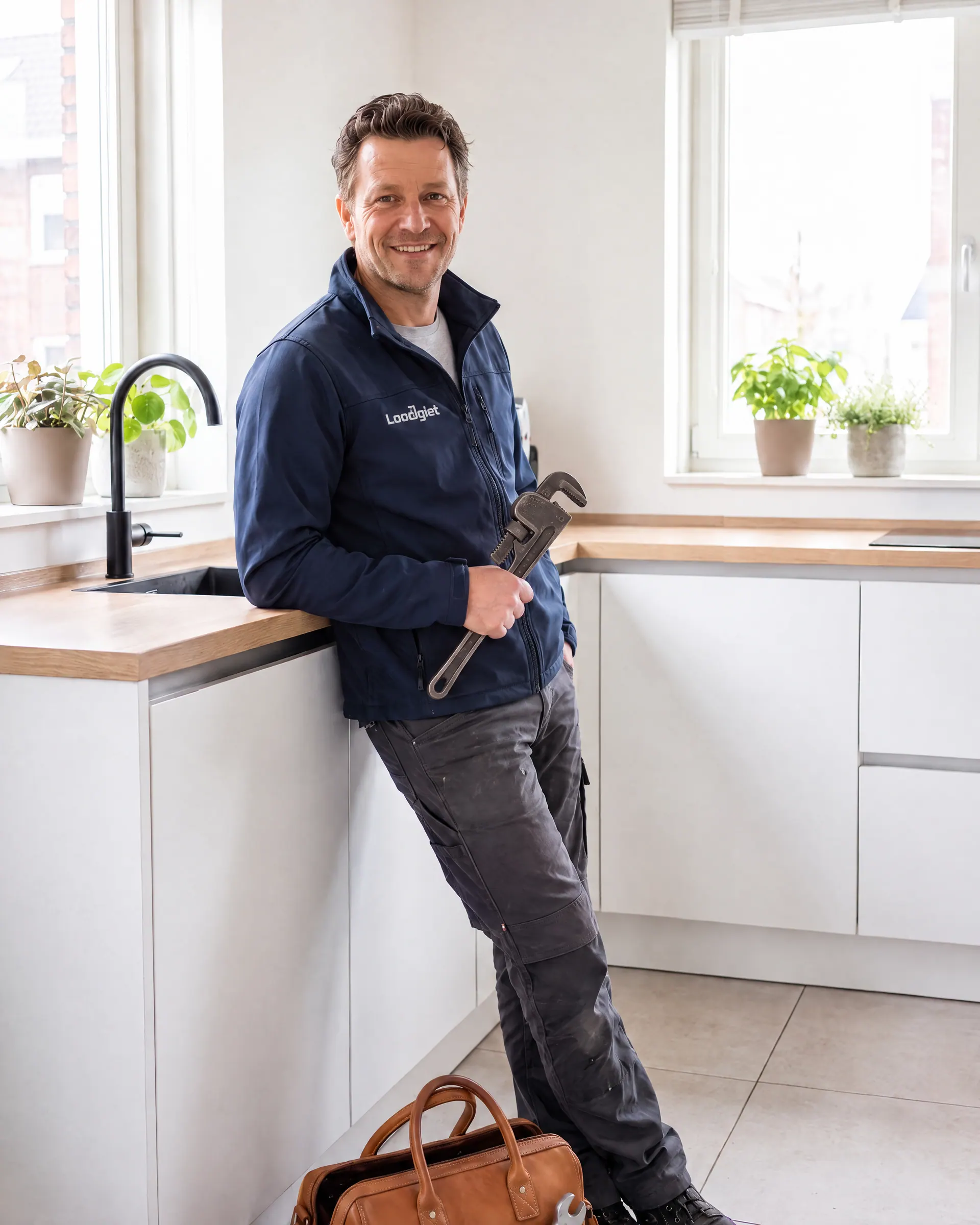 Monteur van Loodgiet met een pijptang in een lichte keuken