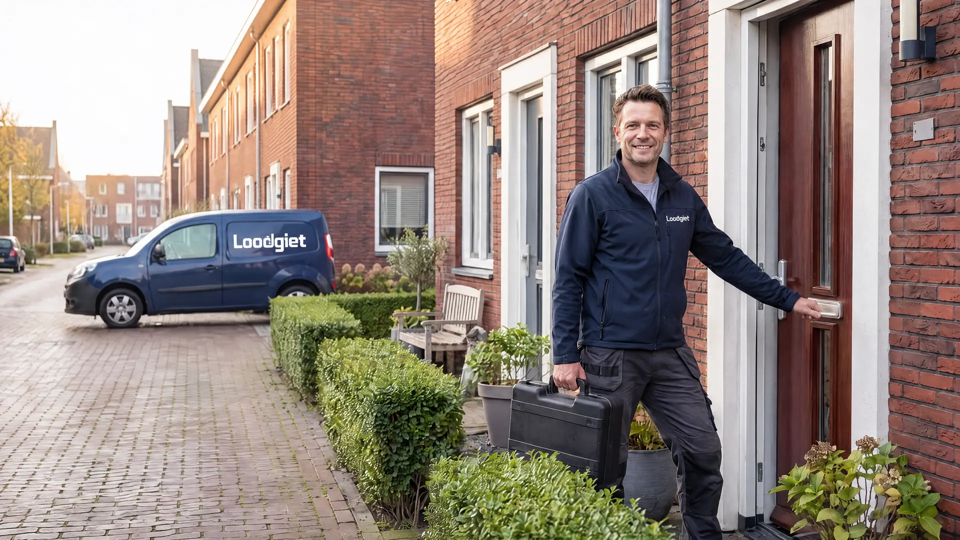 Monteur van Loodgiet met zijn gereedschapskoffer bij de voordeur van een bakstenen woning, de Loodgiet-bus verderop in de straat