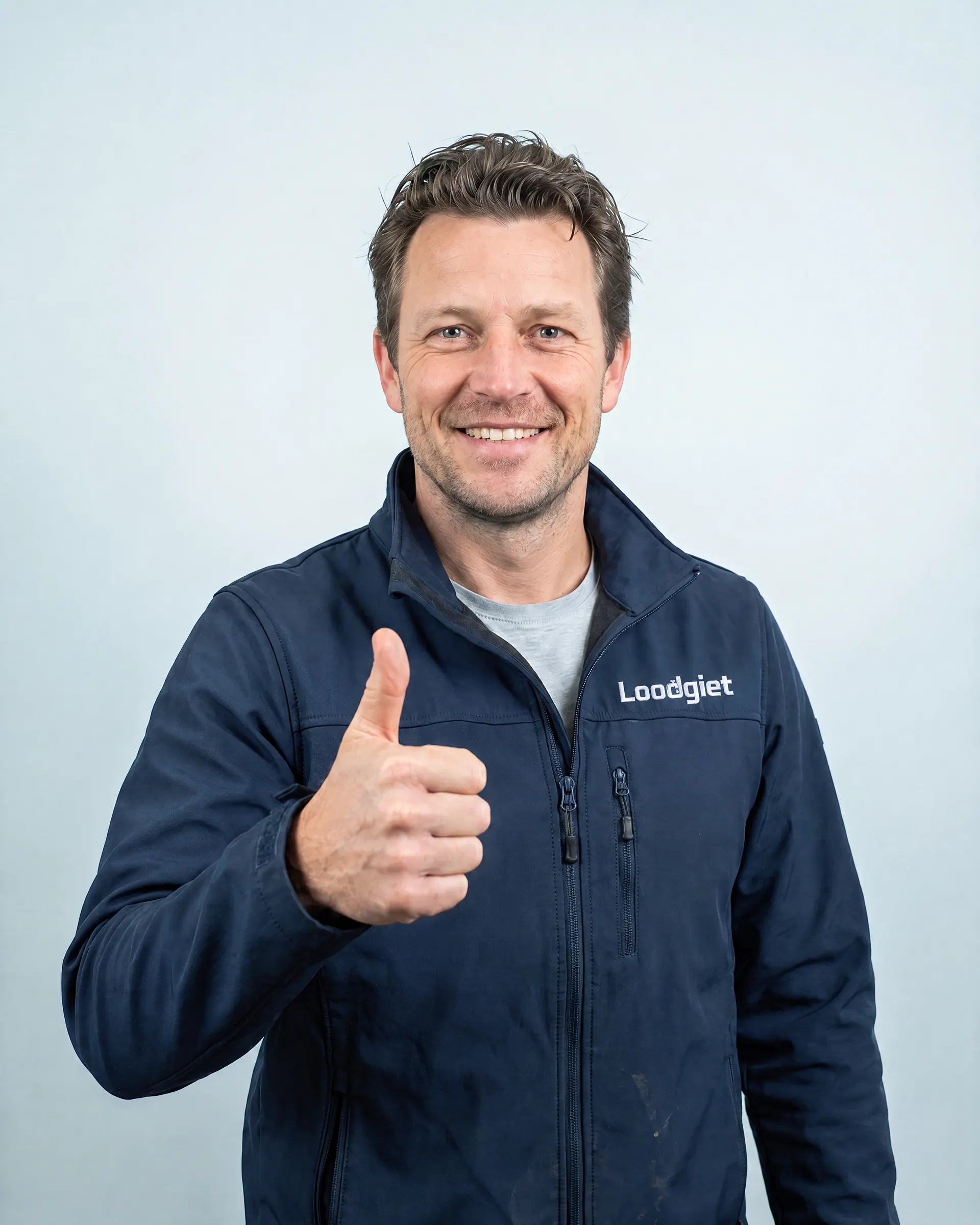 Monteur van Loodgiet steekt lachend zijn duim op