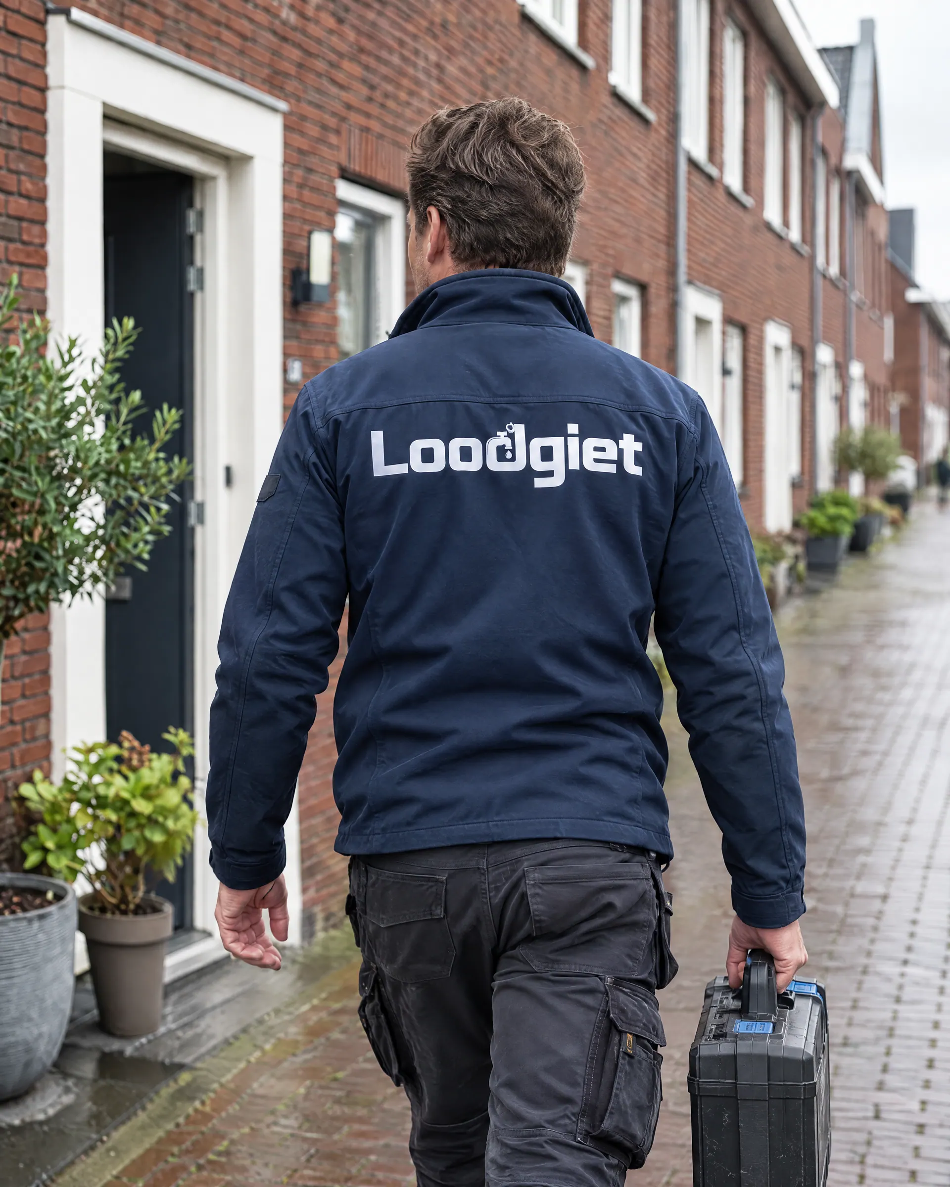 Monteur van Loodgiet loopt met zijn gereedschapskoffer naar een voordeur; het Loodgiet-logo staat groot op zijn rug