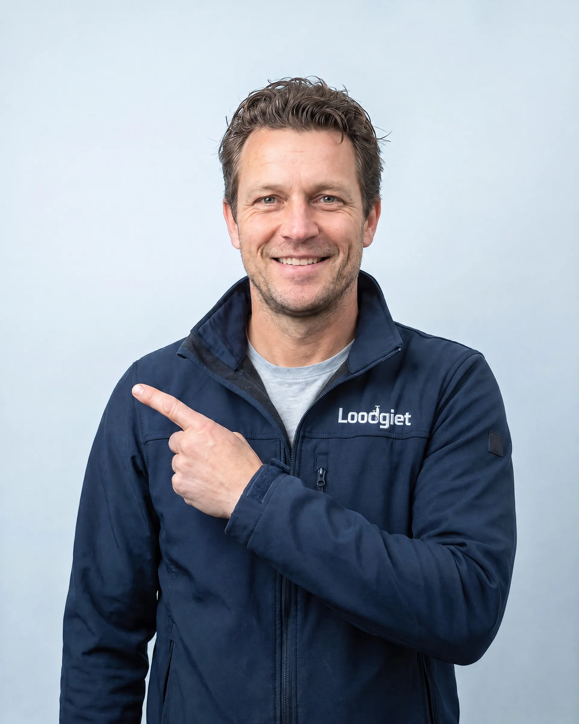 Monteur van Loodgiet wijst glimlachend naar links