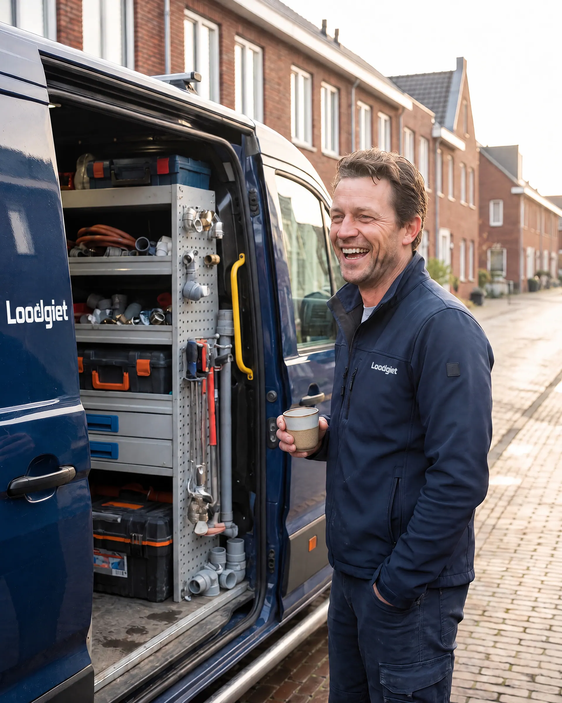 Monteur van Loodgiet bij de open servicebus vol gereedschap