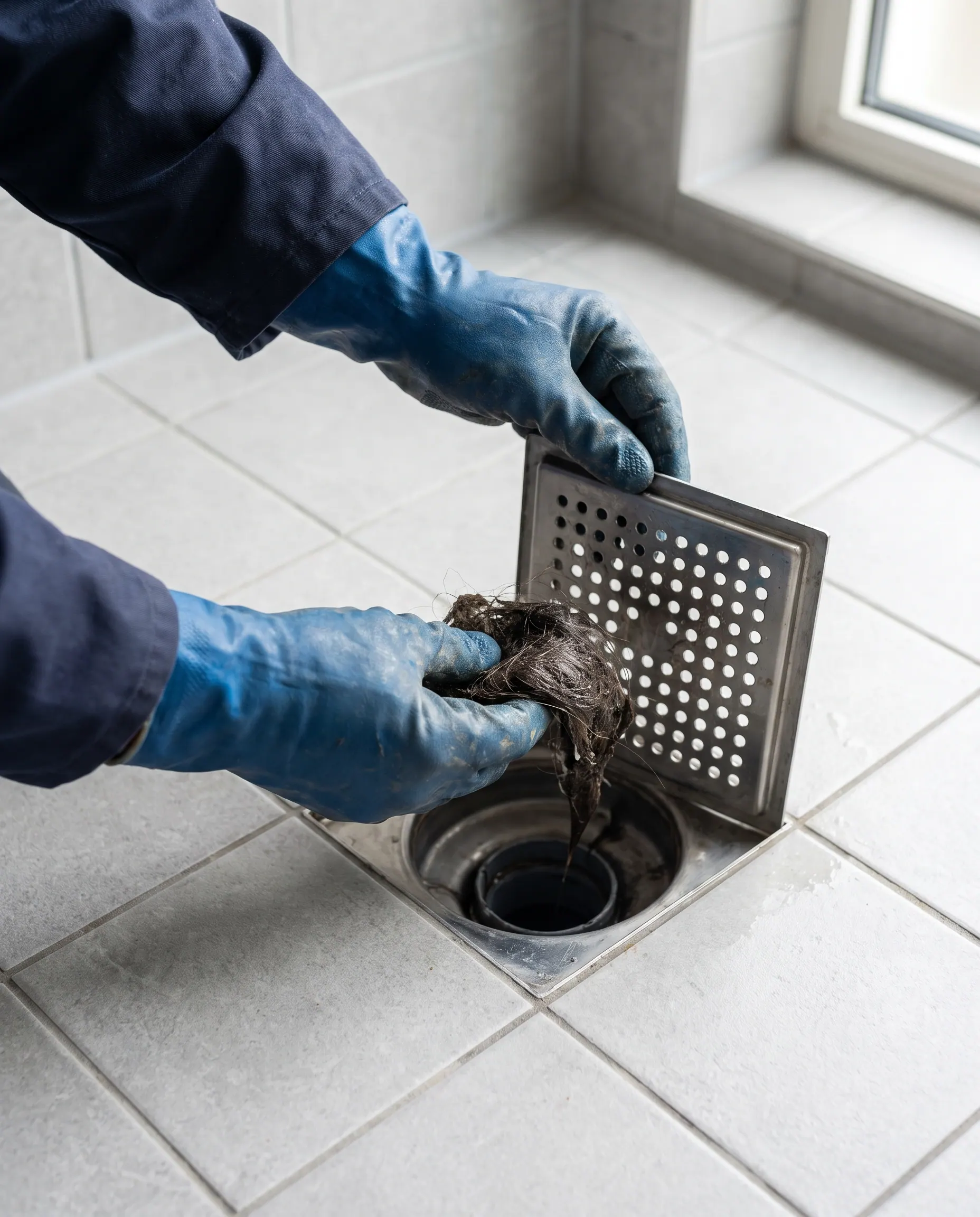 Handen met handschoenen halen haren uit een doucheputje