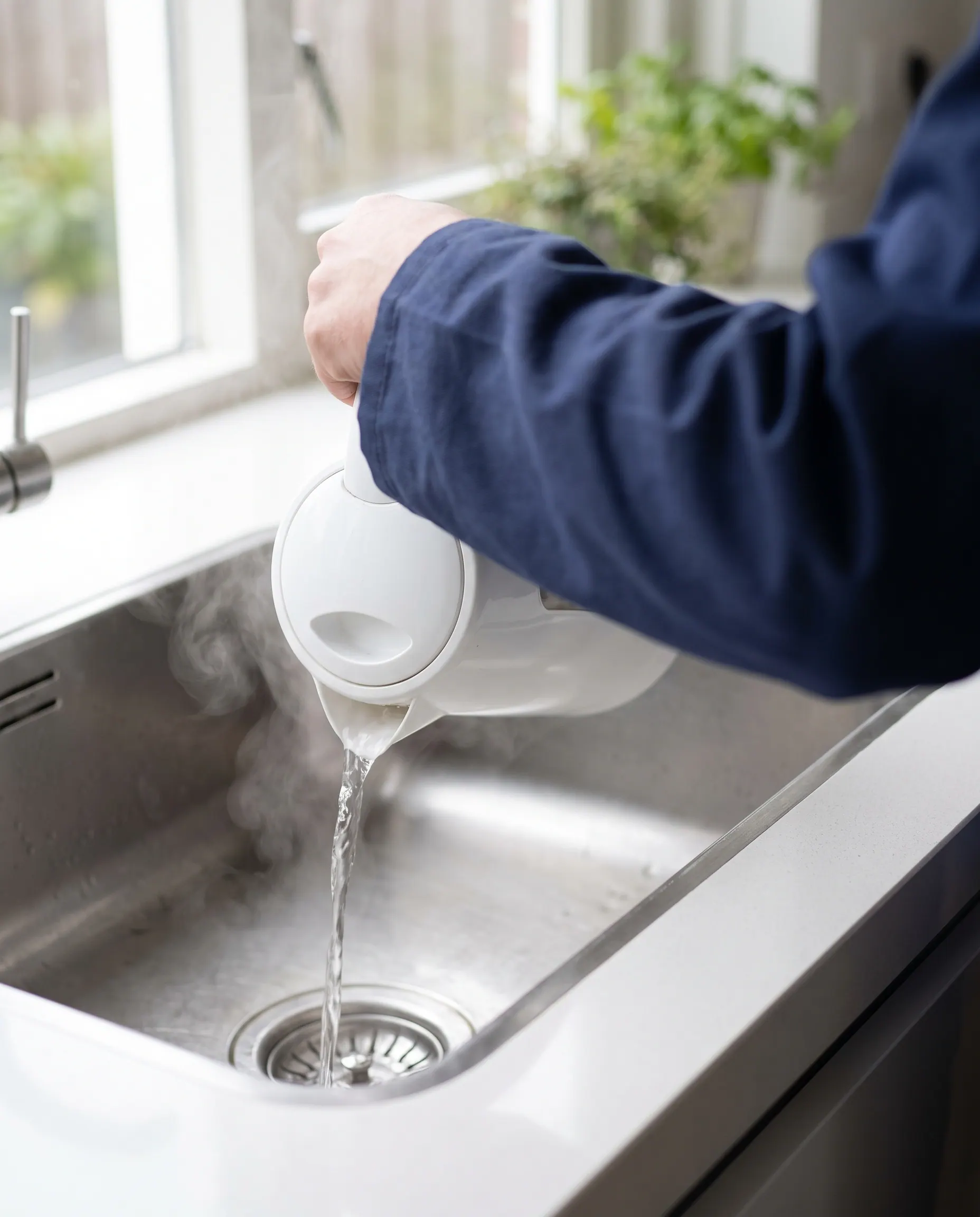 Heet water uit een waterkoker wordt in de gootsteen gegoten