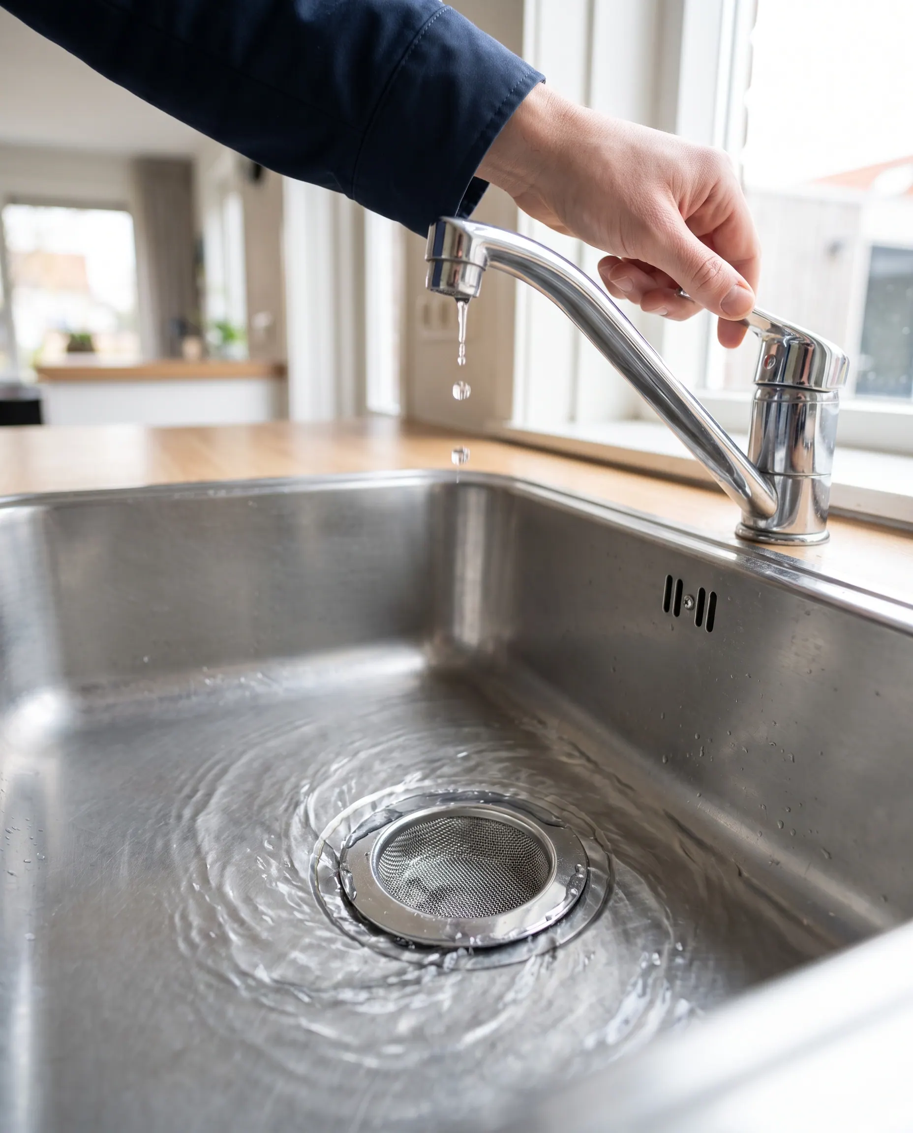 Water loopt weer vrij weg door een gootsteen met een zeefje