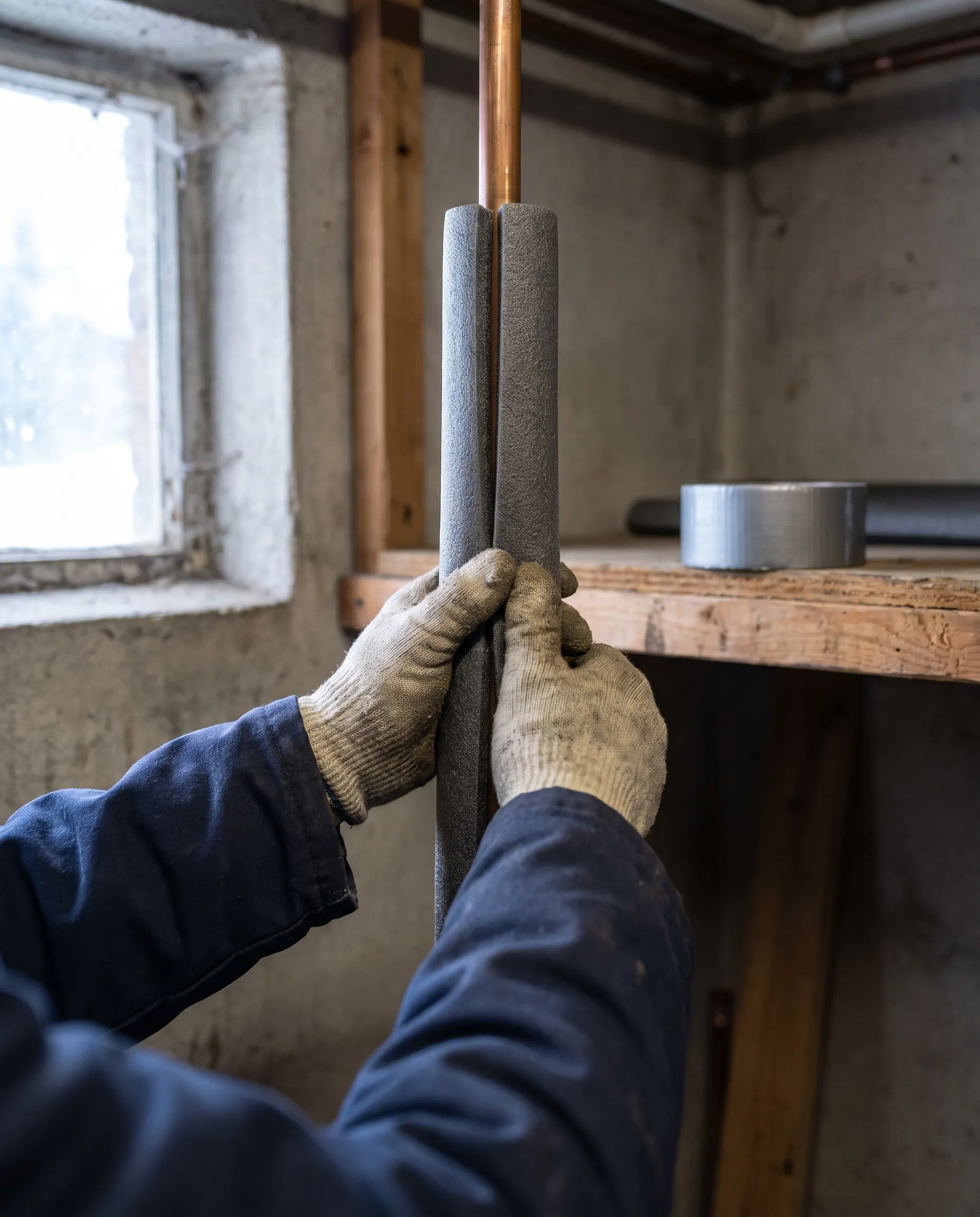 Handen klikken schuimisolatie om een koperen waterleiding
