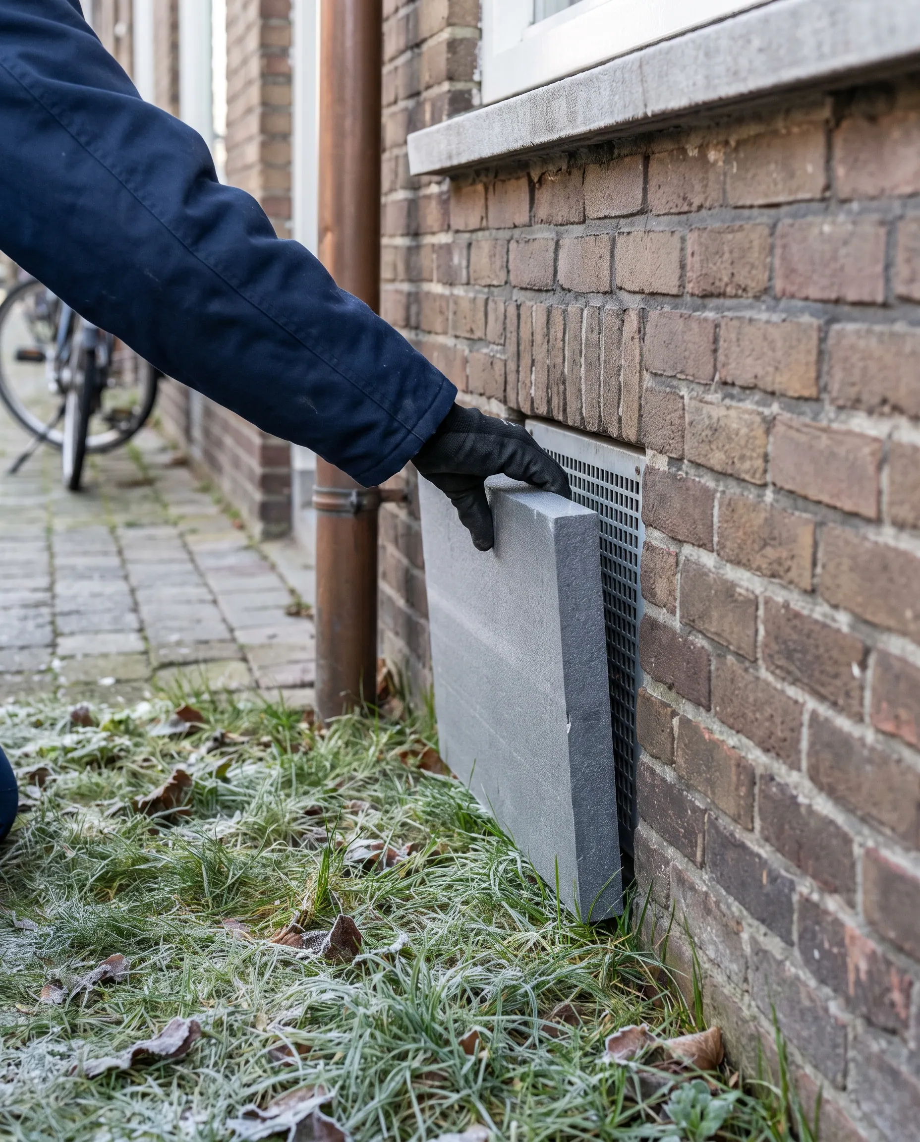Ventilatierooster van de kruipruimte wordt tijdelijk afgedekt