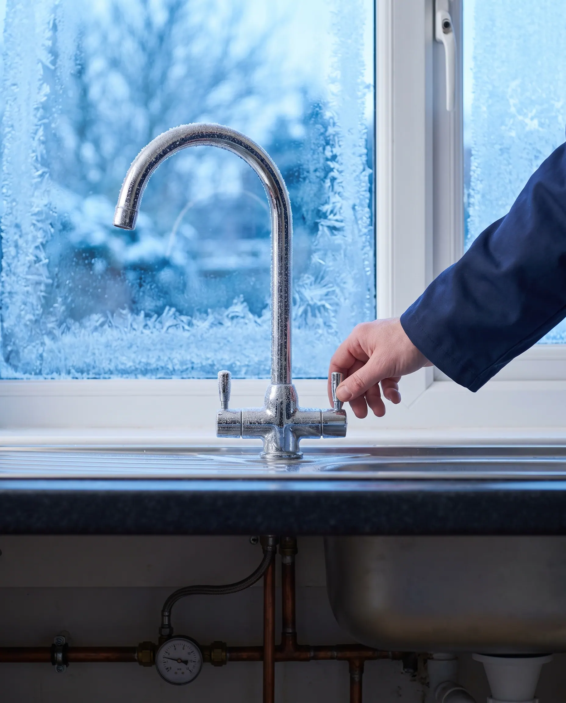 Open kraan waar geen water uitkomt door een bevroren leiding
