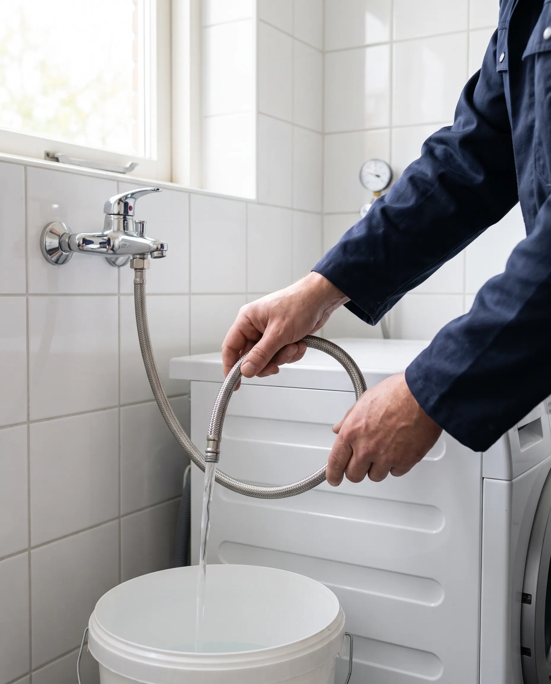 Water loopt uit een vulslang in een emmer om de slang te ontluchten