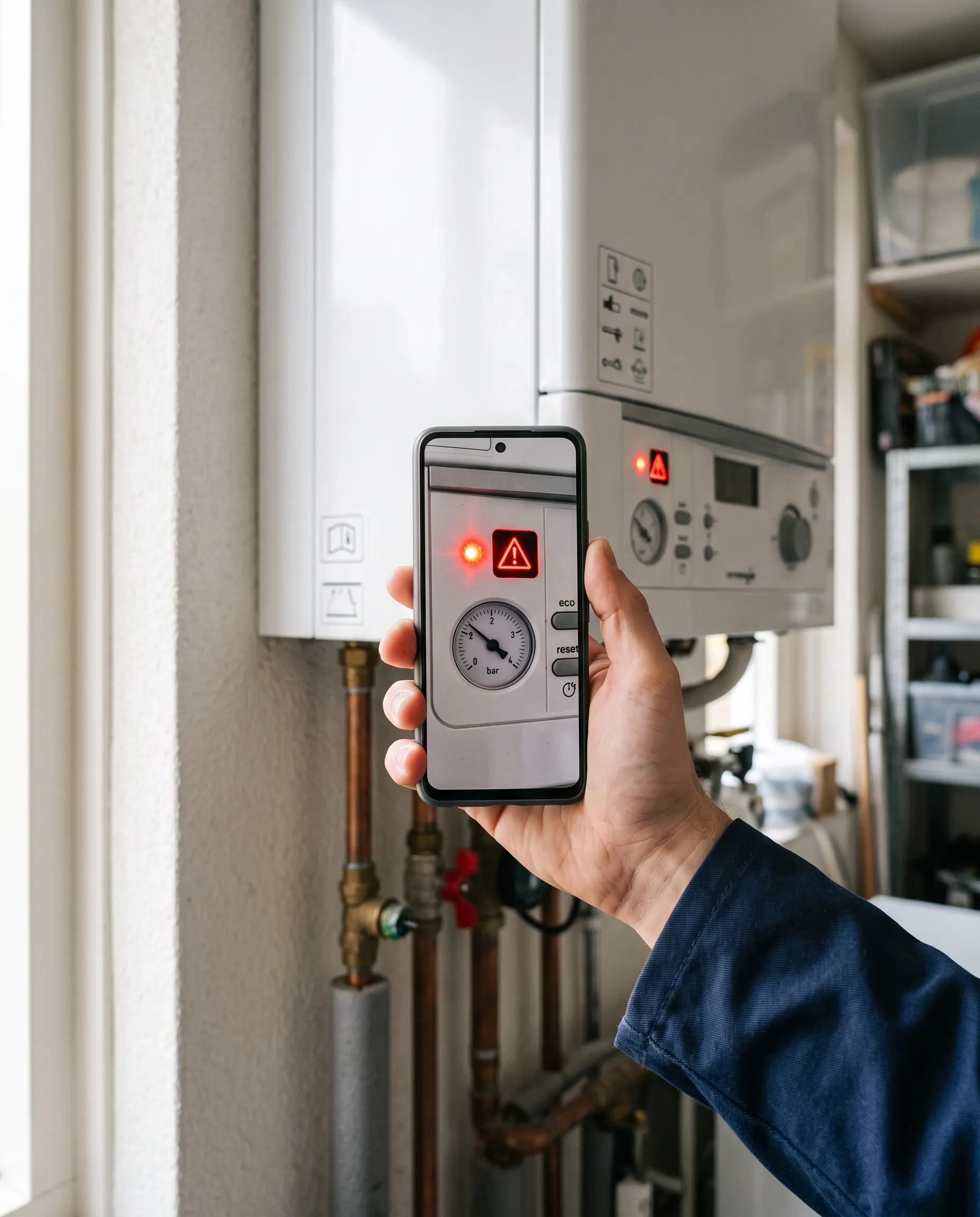 Iemand maakt met een telefoon een foto van de storingsmelding op een cv-ketel