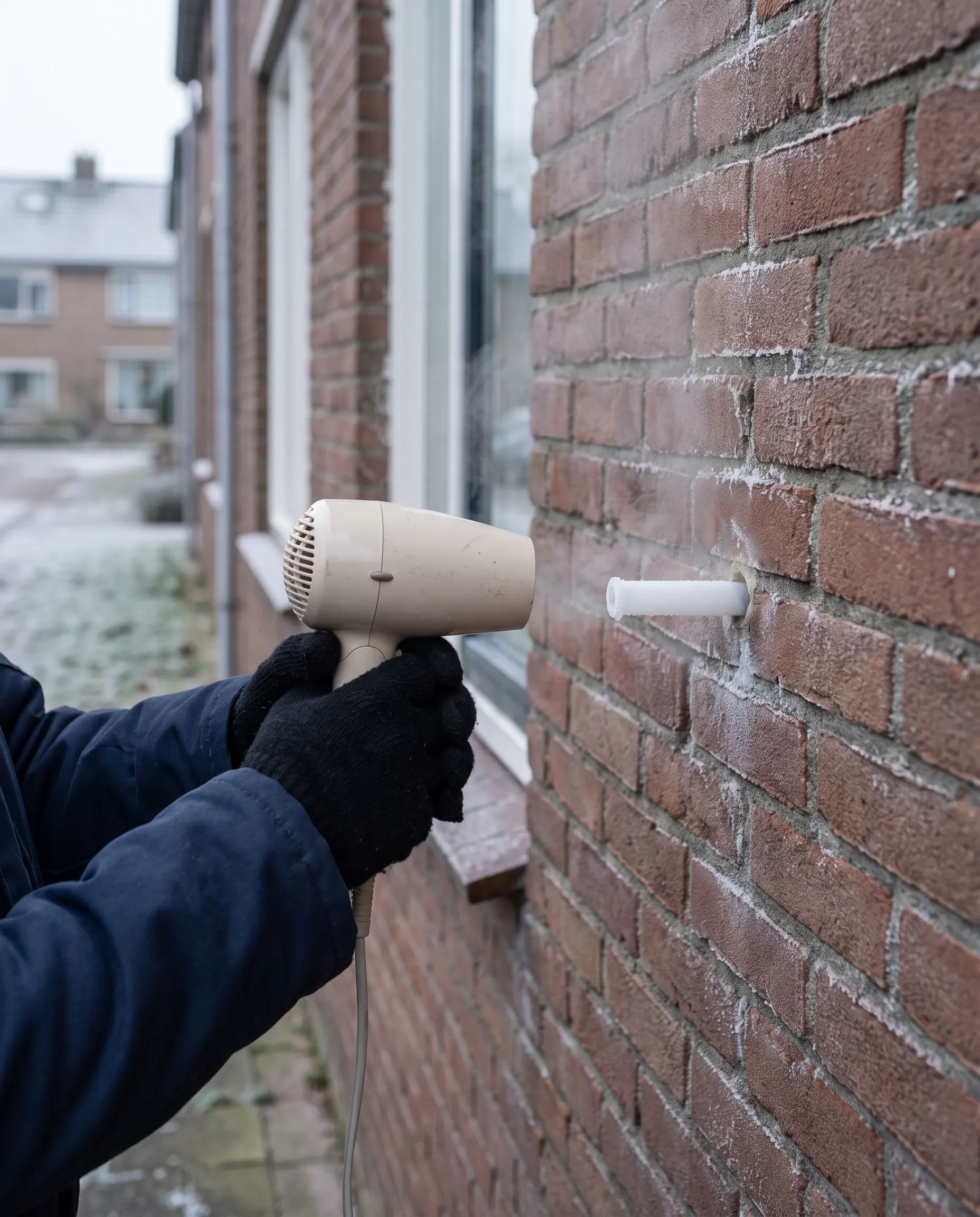 Bevroren condensafvoer van een cv-ketel wordt ontdooid met een föhn