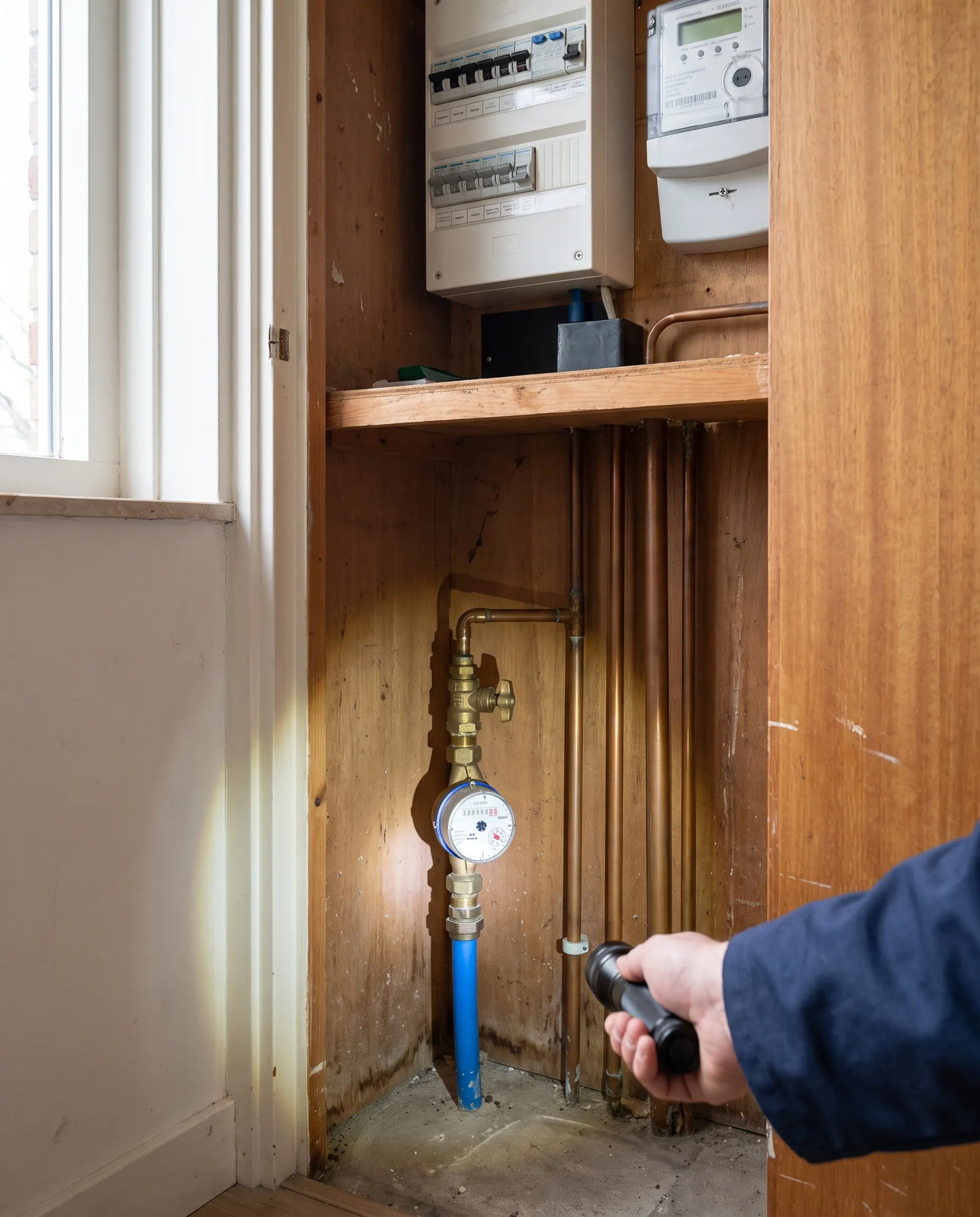 Watermeter met hoofdkraan onderin een meterkast