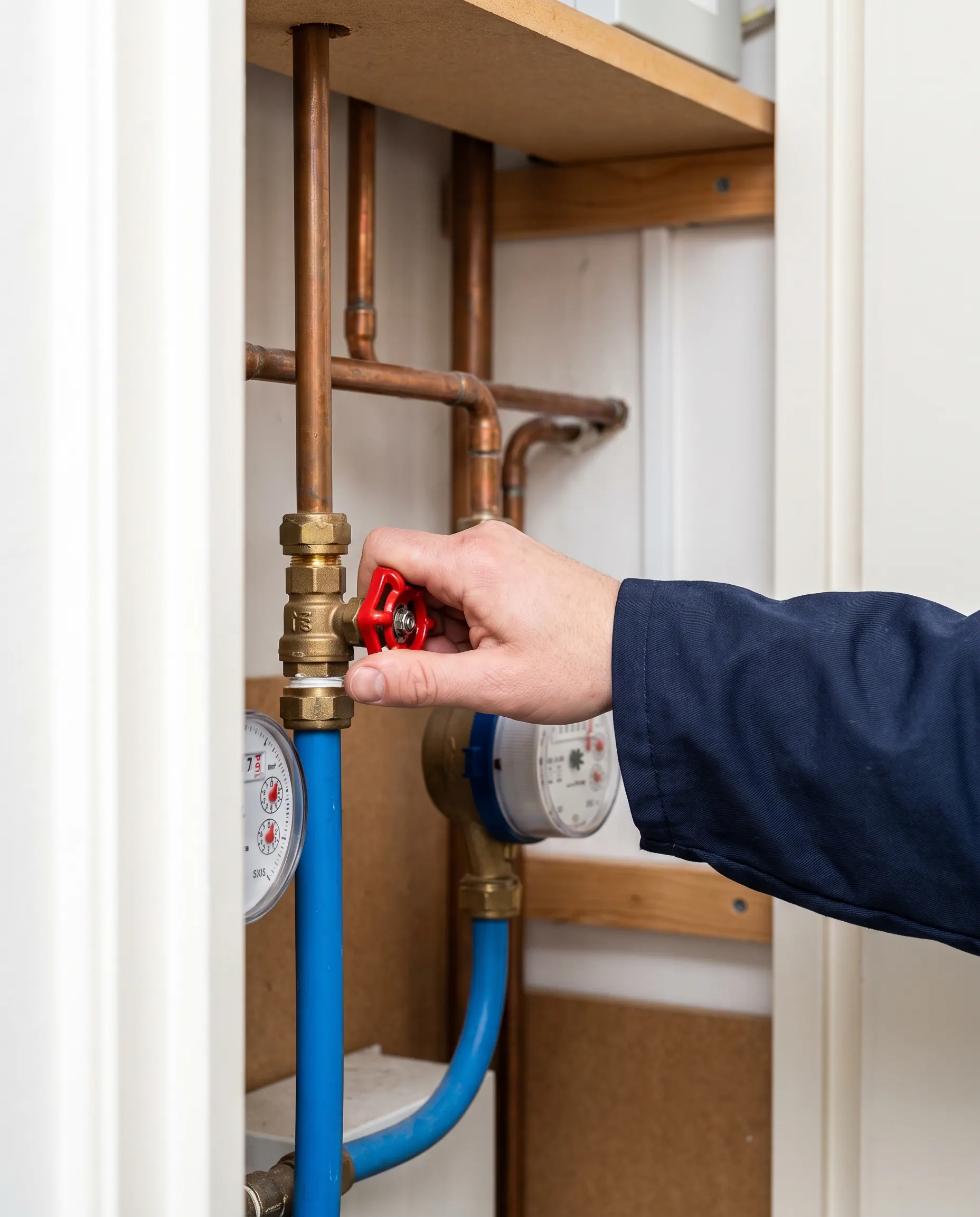 Hand draait de hoofdkraan bij de watermeter dicht