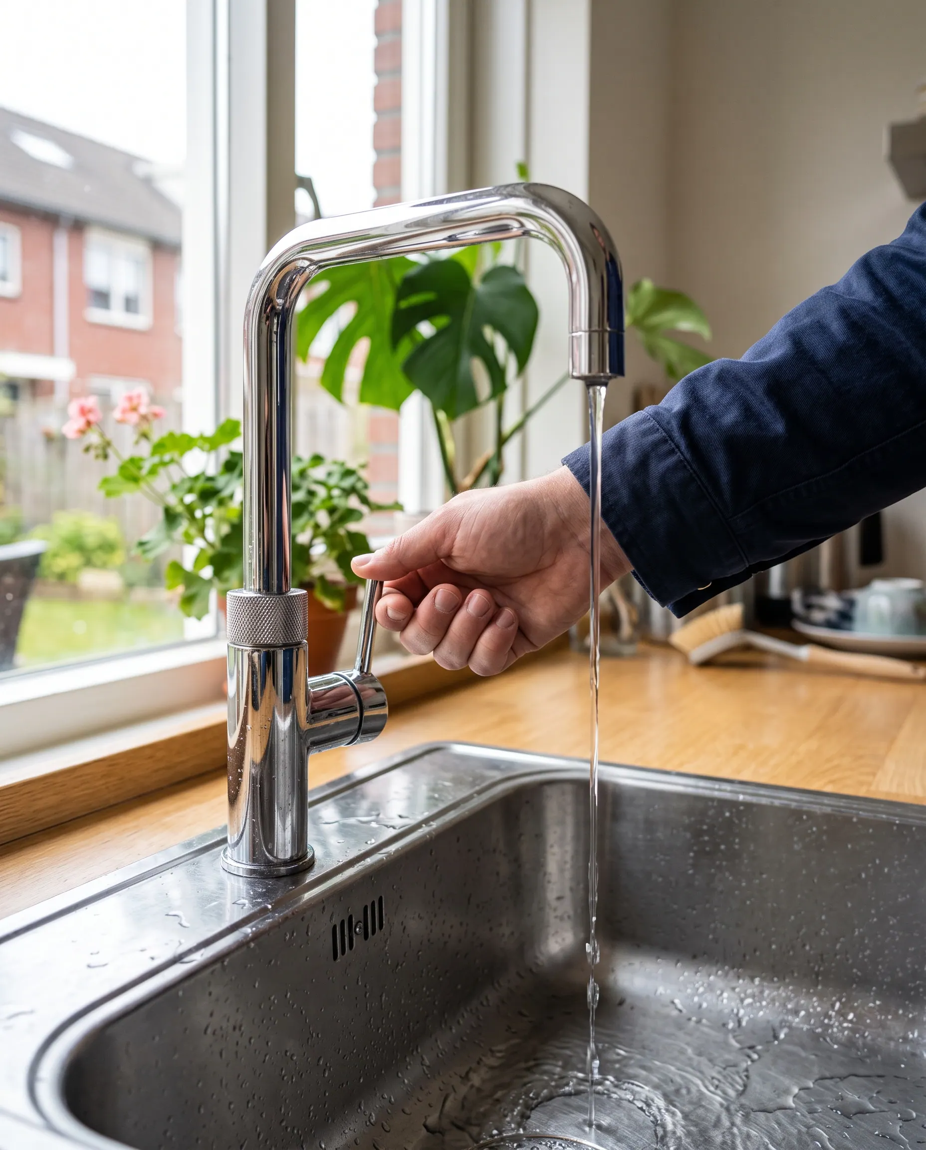 Laatste water loopt uit een kraan nadat de hoofdkraan is dichtgedraaid