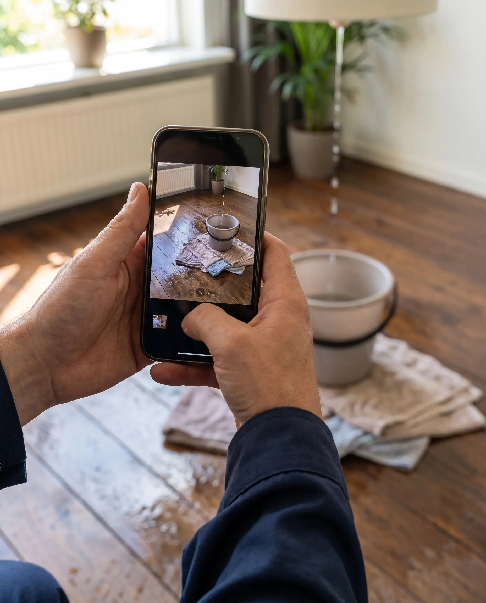 Iemand fotografeert waterschade met een emmer onder een lekkend plafond