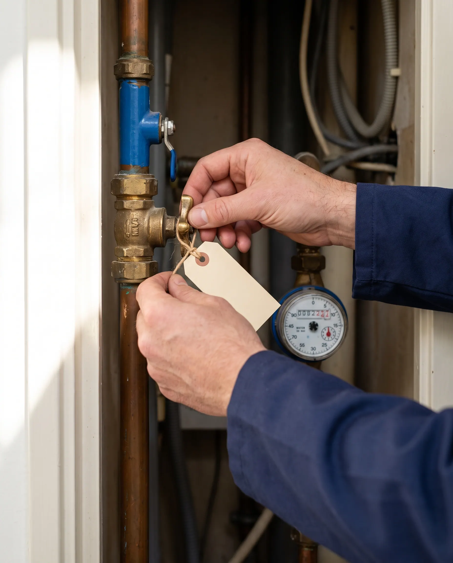 Label wordt aan de hoofdkraan bij de watermeter gehangen