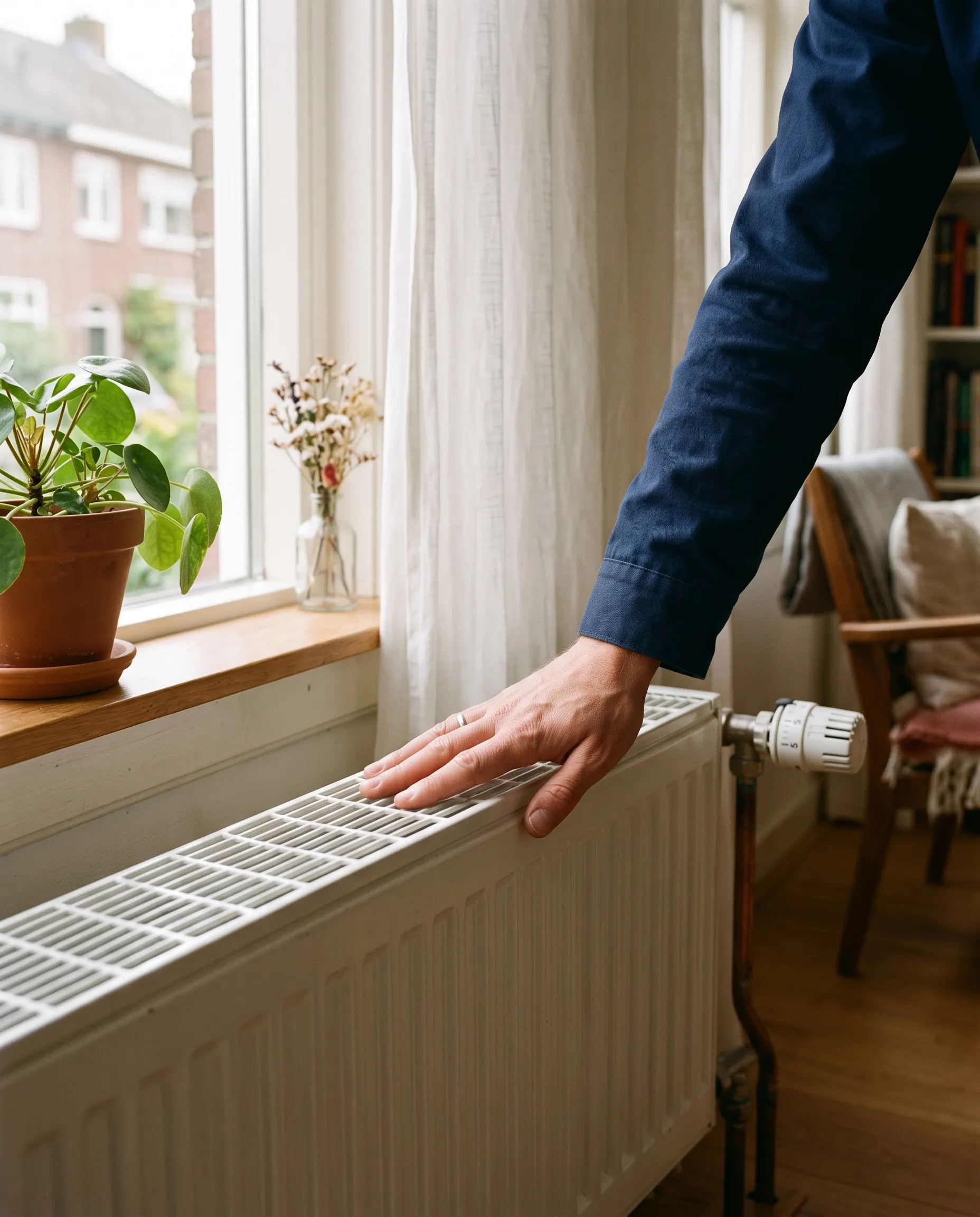 Hand voelt aan de bovenkant van een witte radiator of die warm is