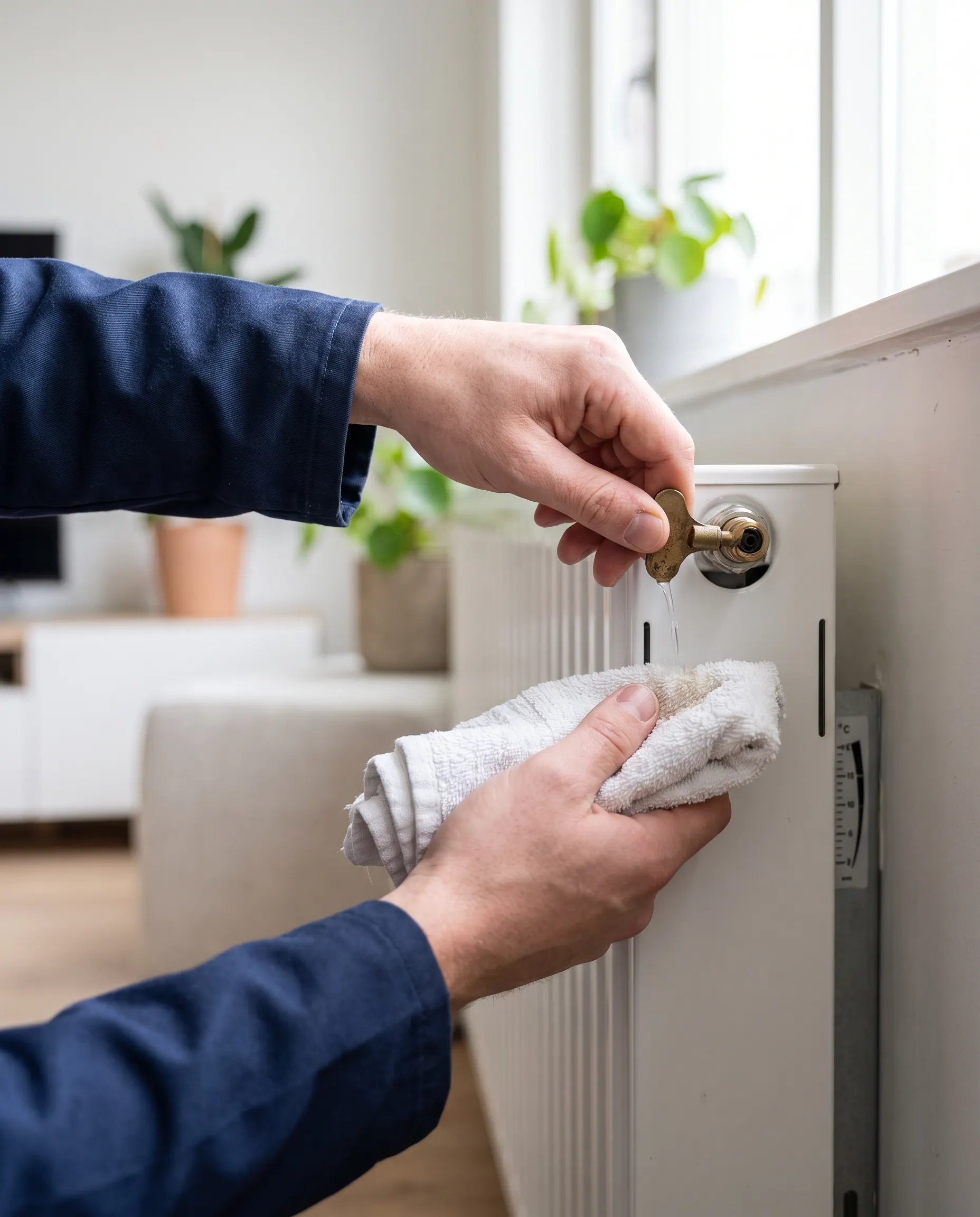 Radiator wordt ontlucht met een ontluchtingssleutel en een doek eronder