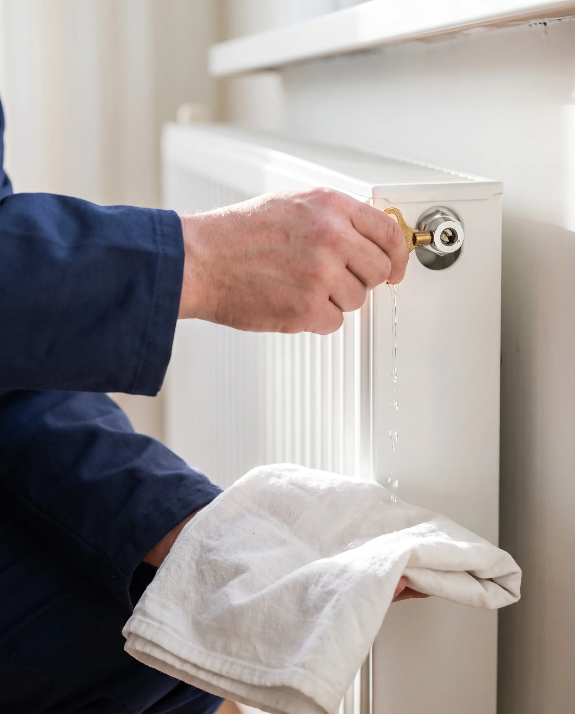 Straaltje water uit een radiatornippel als teken dat alle lucht eruit is