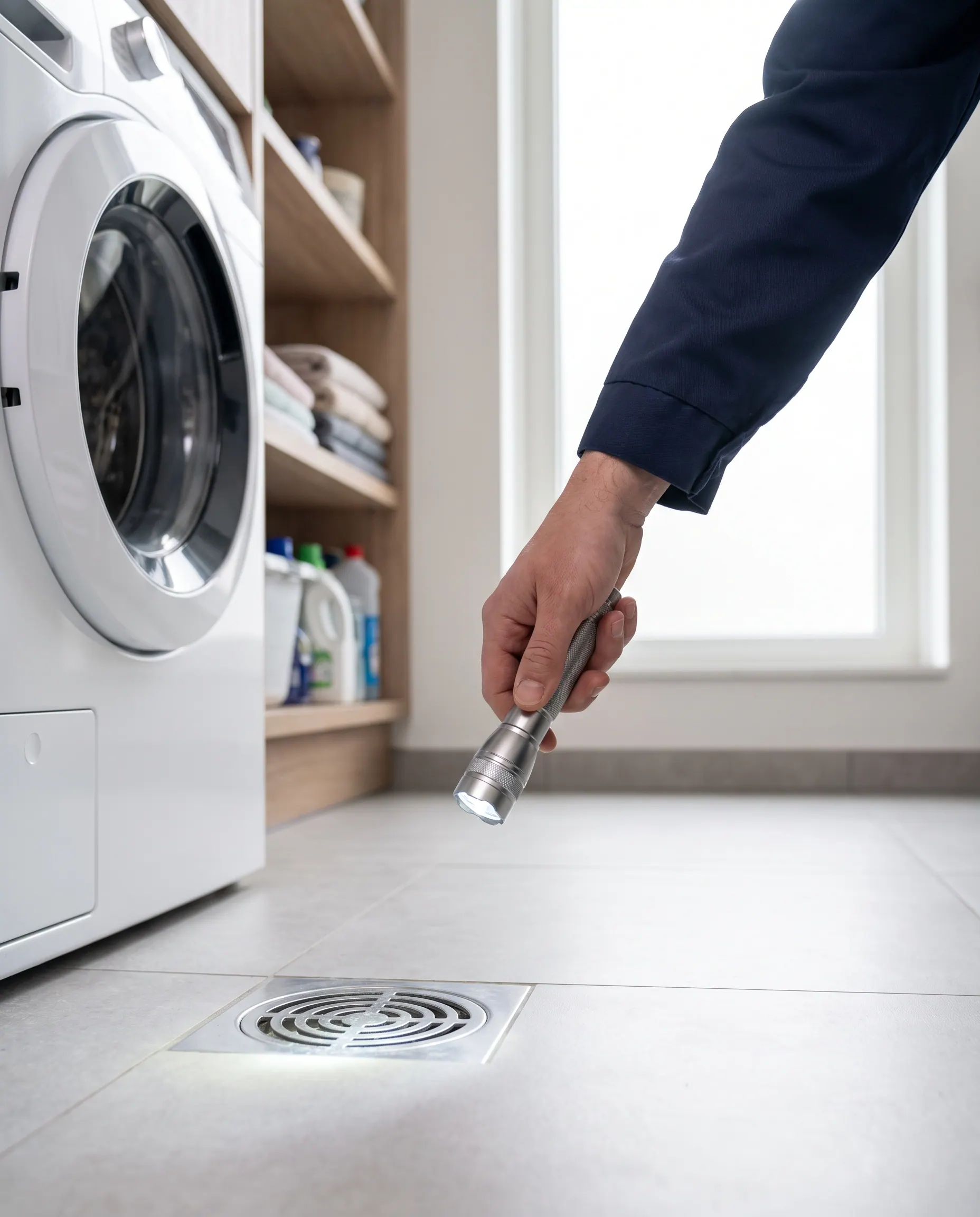 Zaklamp schijnt in een vloerputje in de bijkeuken
