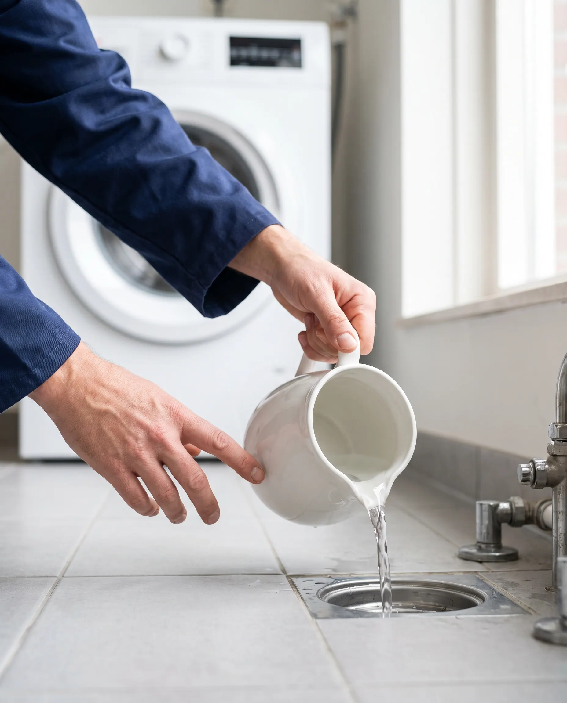 Water wordt in een vloerputje gegoten om het waterslot te vullen
