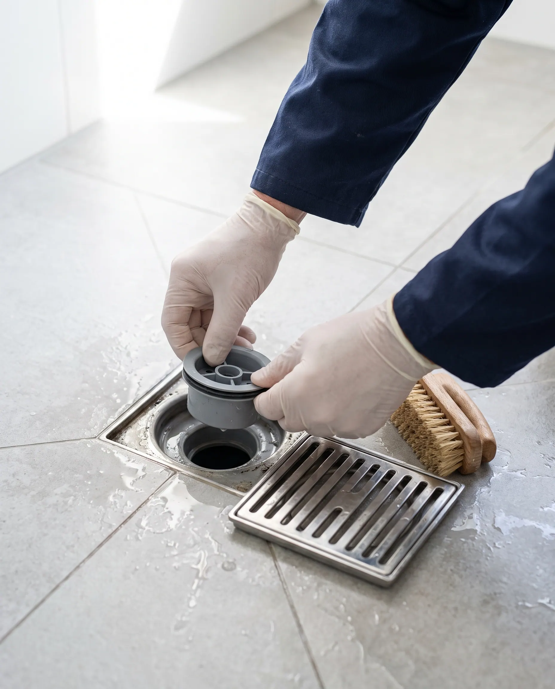 Stankafsluiter wordt uit een doucheputje gehaald om schoon te maken