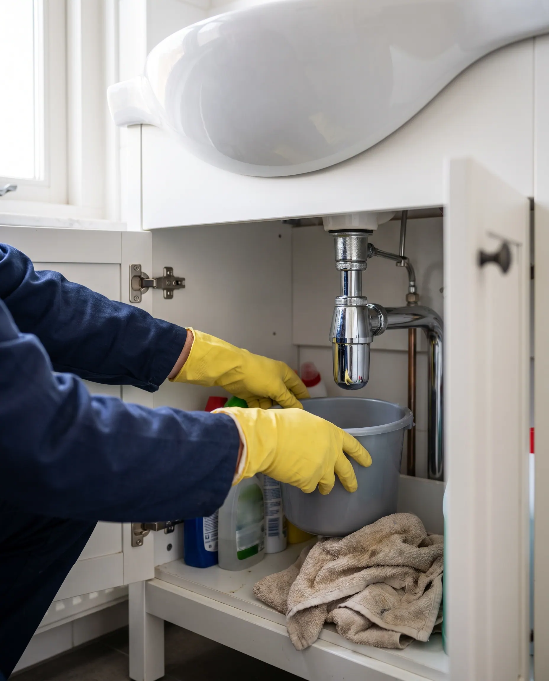 Emmer en handdoek onder de sifon van een badkamerwastafel