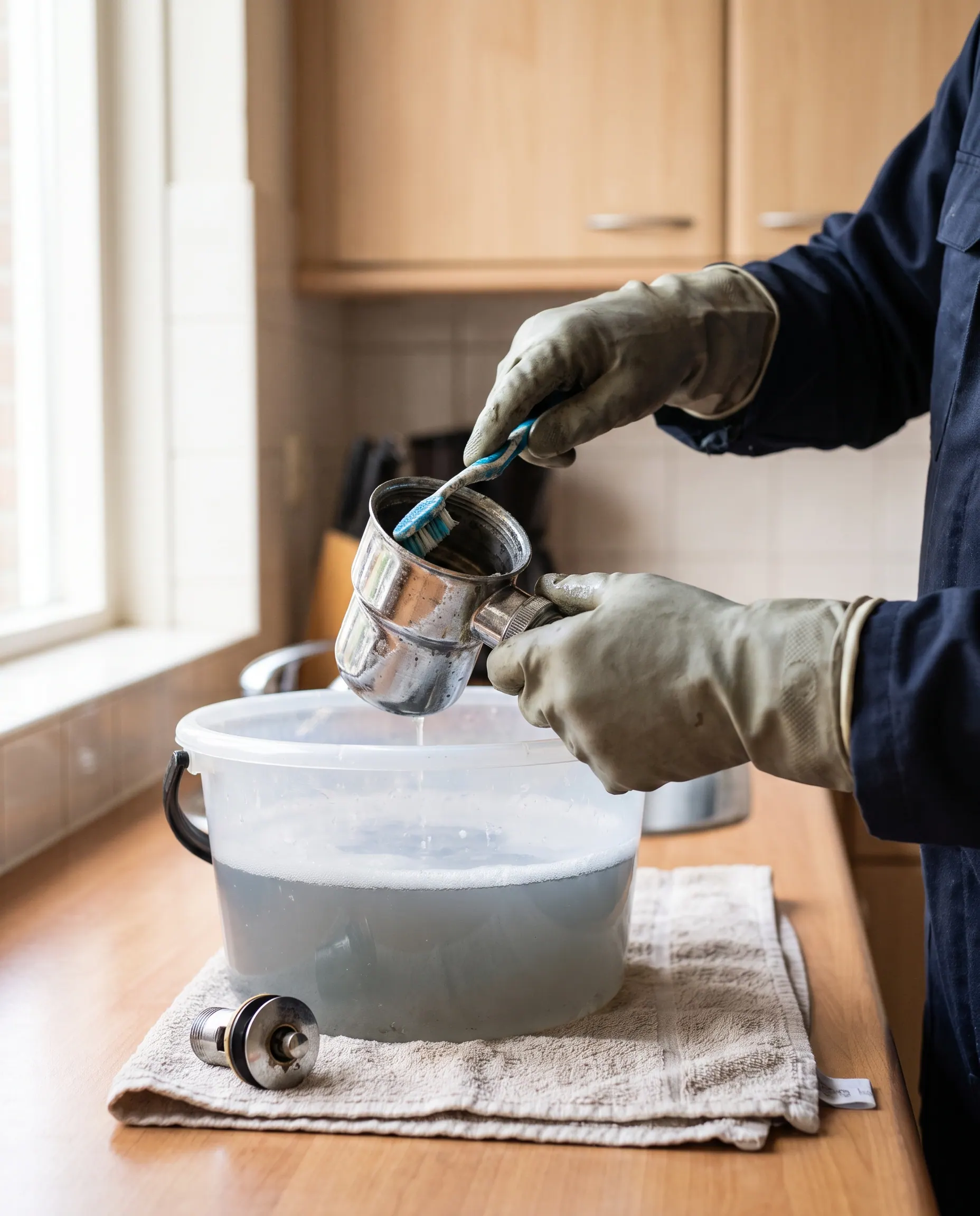 Sifon wordt schoongeborsteld met een oude tandenborstel