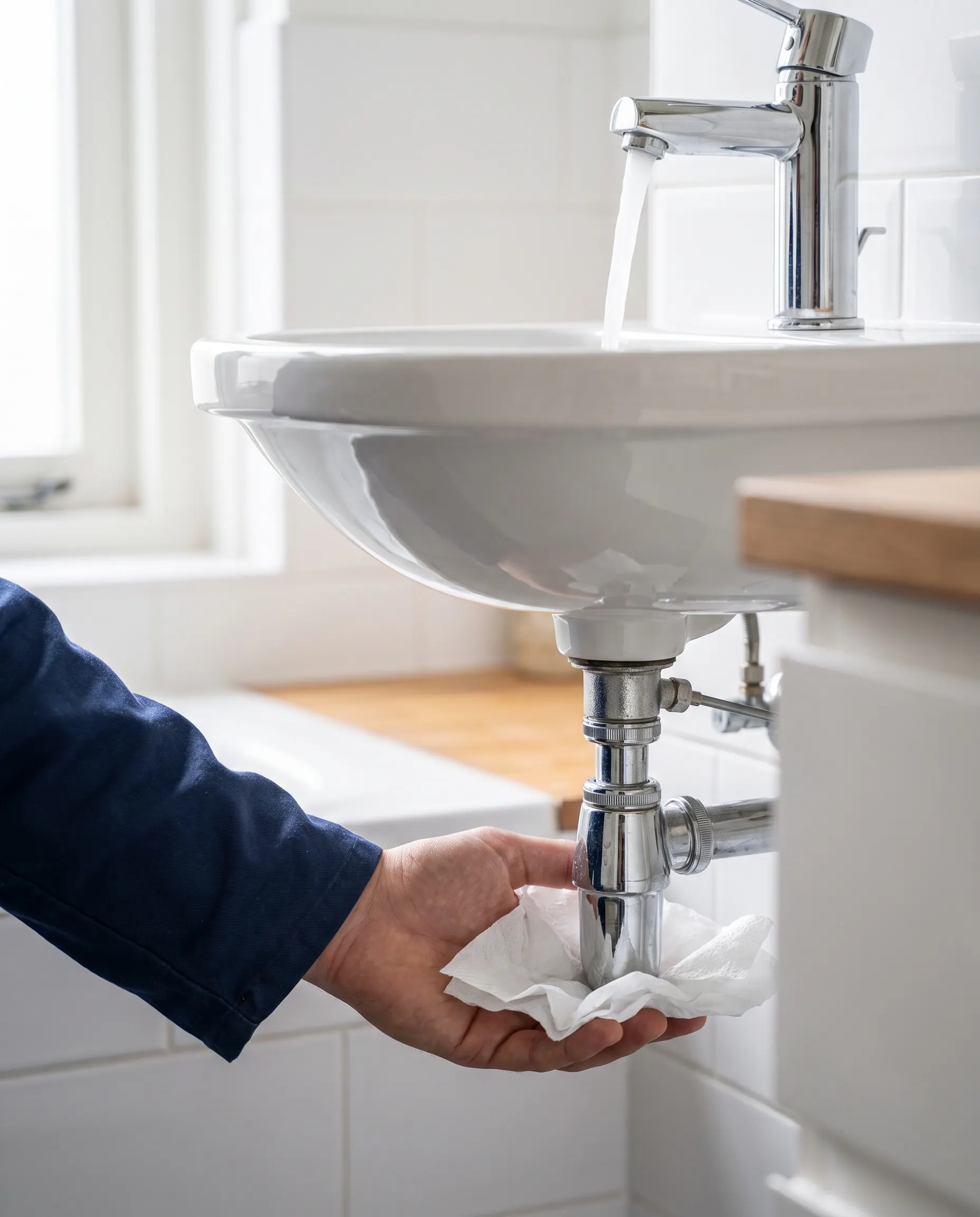 Droog tissue onder de sifon om te controleren op lekkage