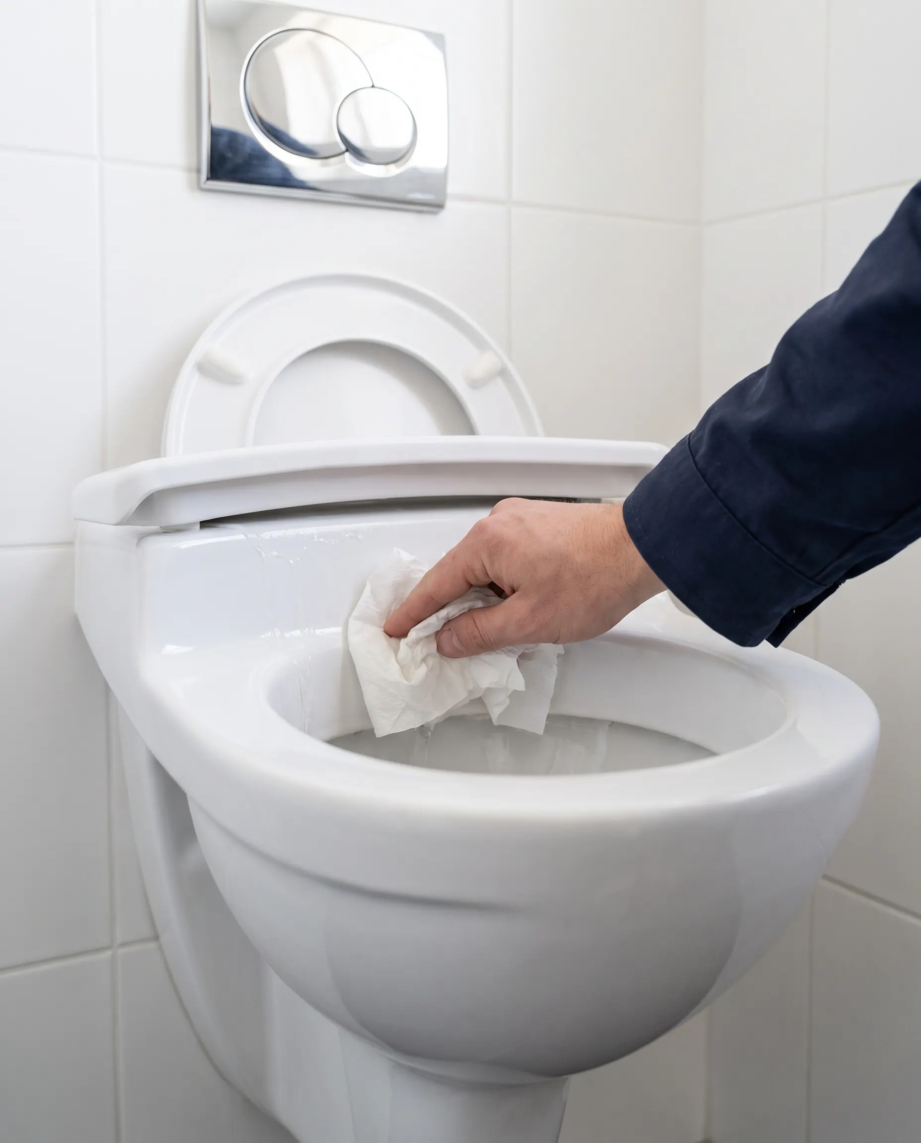 Droog toiletpapier tegen de achterwand van de toiletpot om lekkage te testen